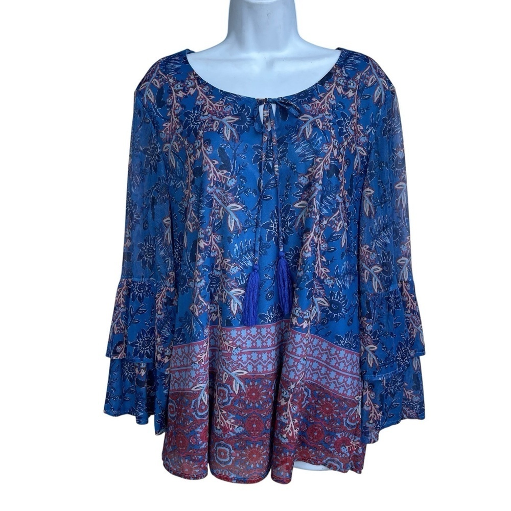 Reba Blue Floral Tassel Boho Tunic Top Mesh Bell Long Sleeve Blouse Women's XL